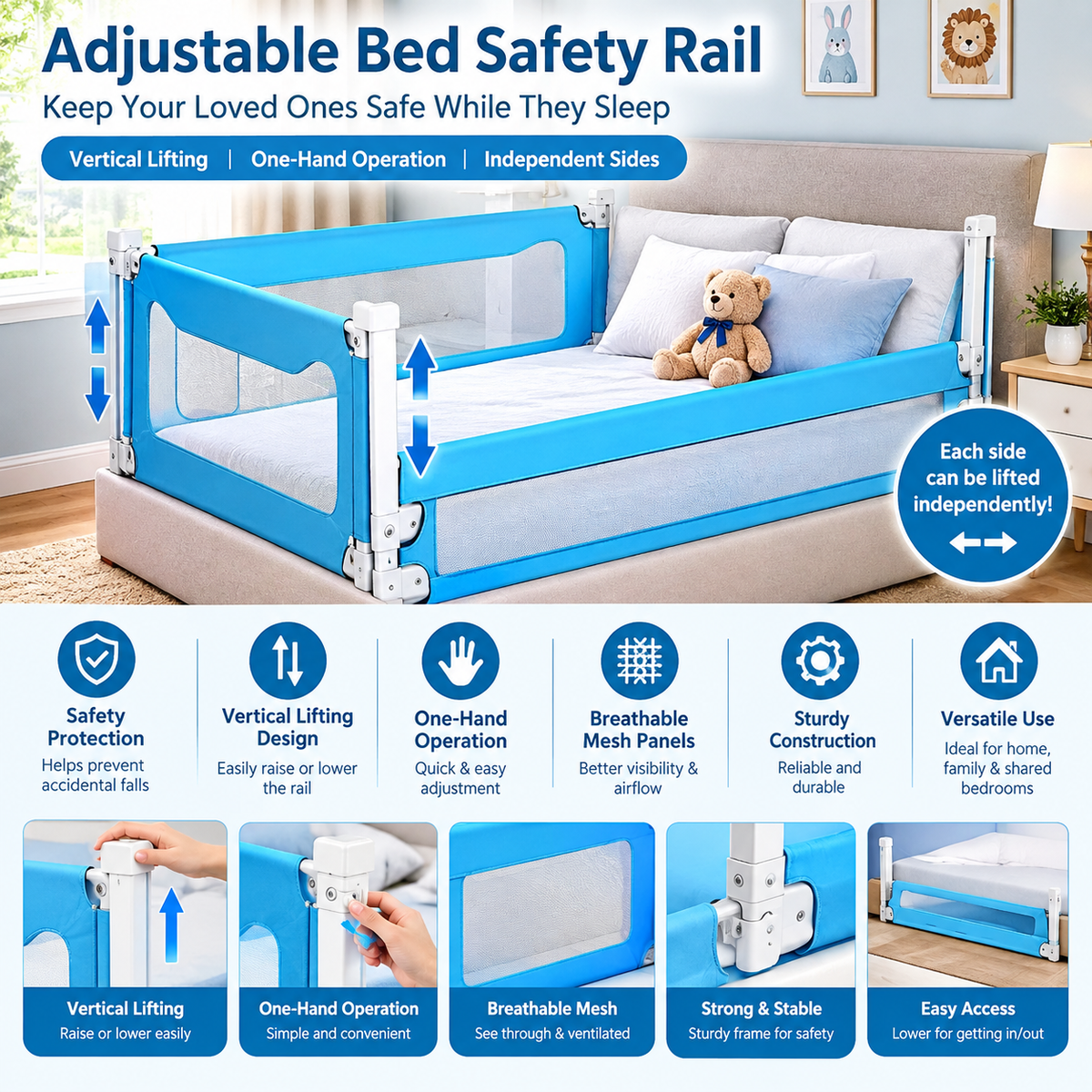 Adjustable Baby Bed Rail Guard with Vertical Lift