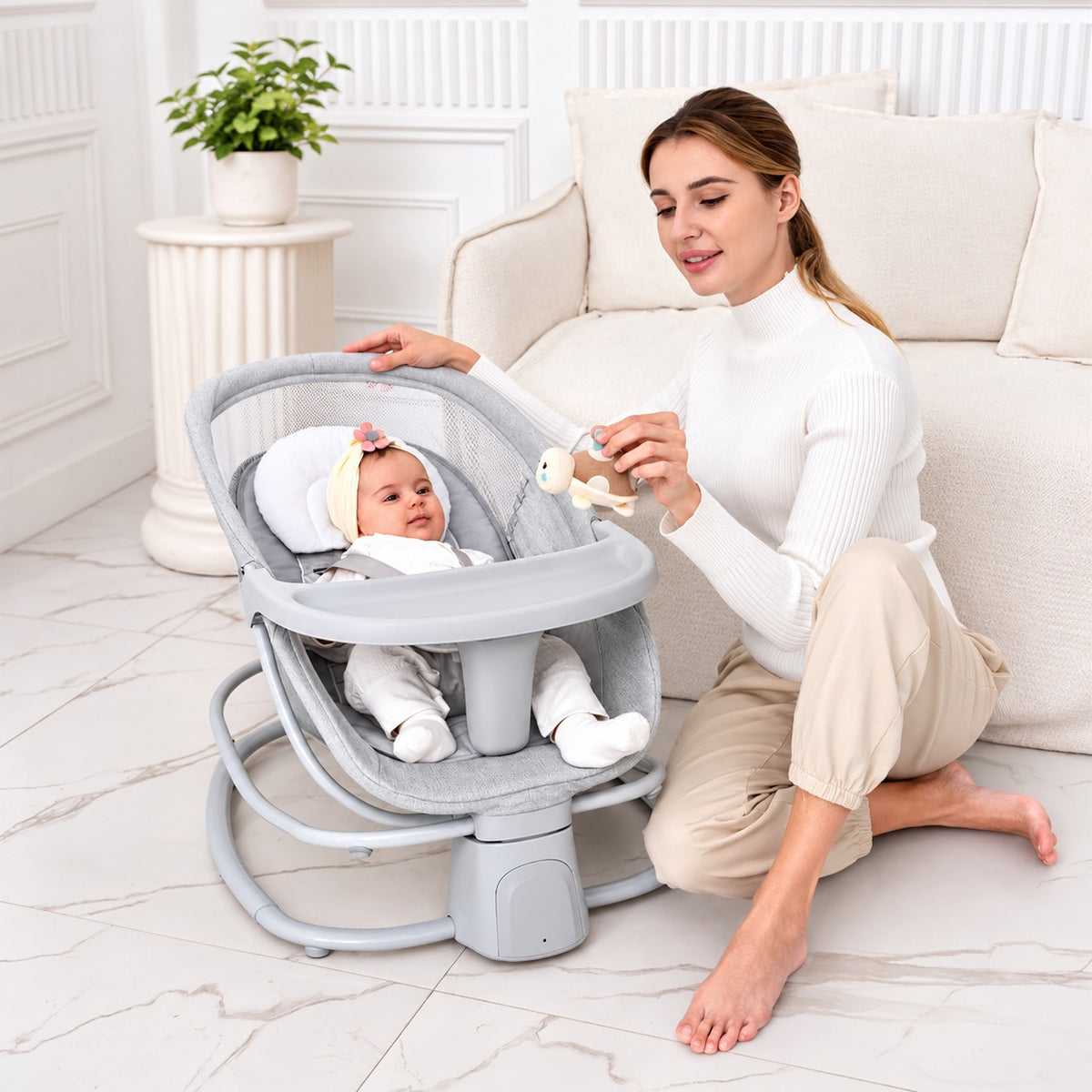 Multifunctional Baby Rocker with Feeding Tray and Canopy